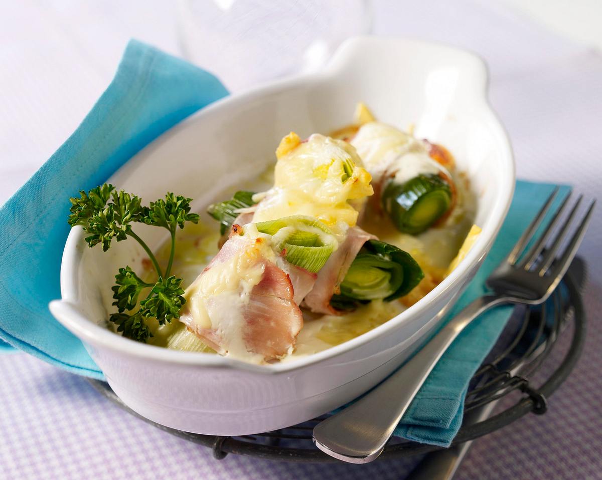 Überbackene Porree-Schinken-Rollen Rezept